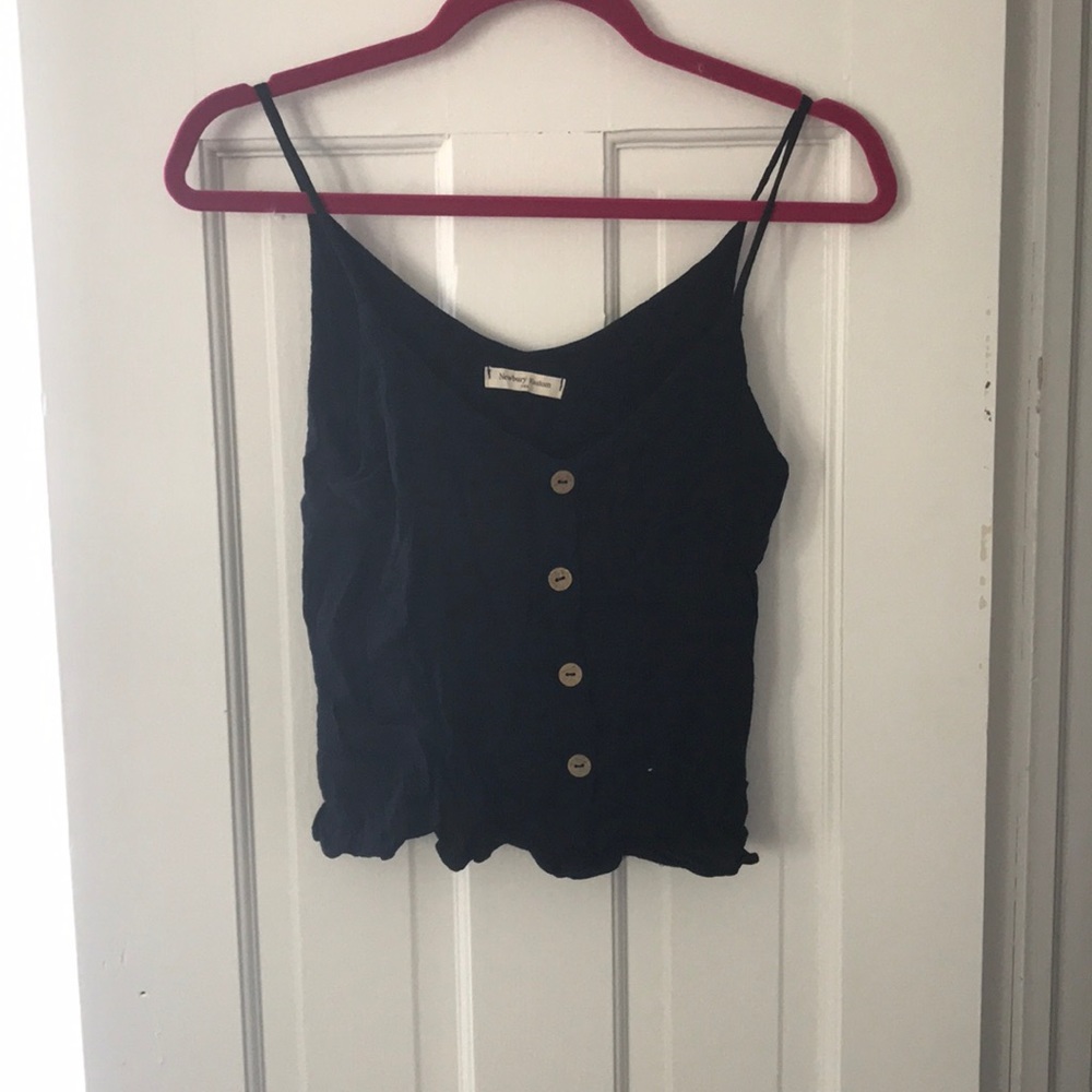 Navy blue tank with brown buttons